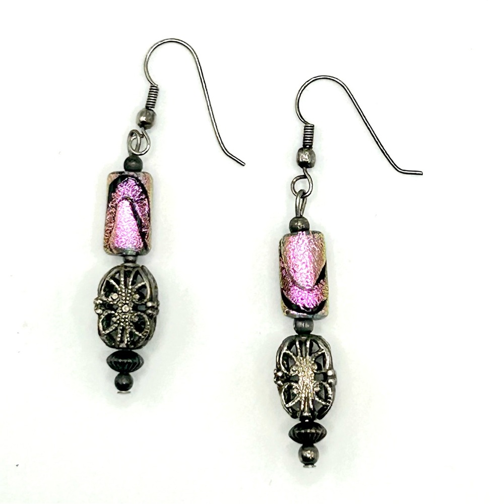 Vintage Elegant Pink and Silver Dangle Earrings